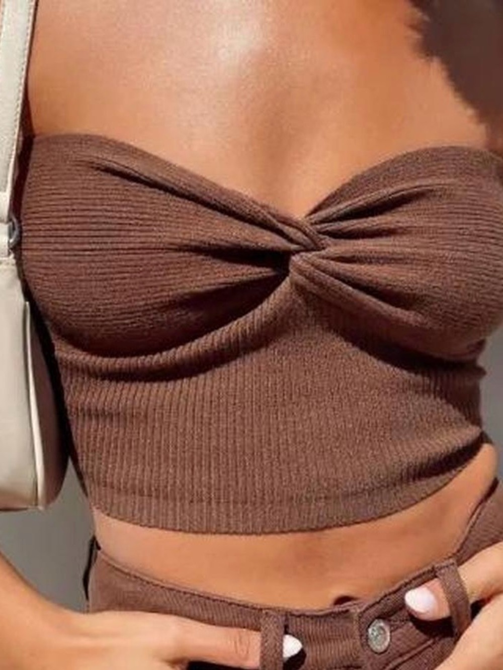 Brown Twist Front Ribbed Crop Tube Top